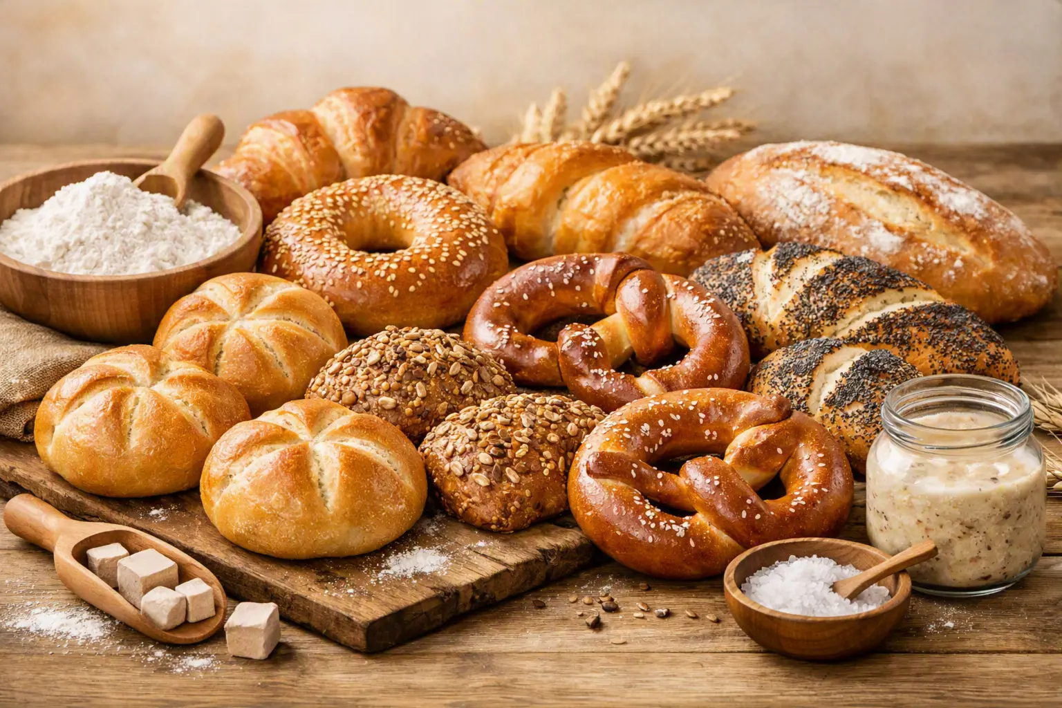 Tisch voller frisch gebackenes Brot und Gebäck, darunter Brötchen, Croissants, Brezeln, ein Brotlaib und ein Glas Sauerteig.