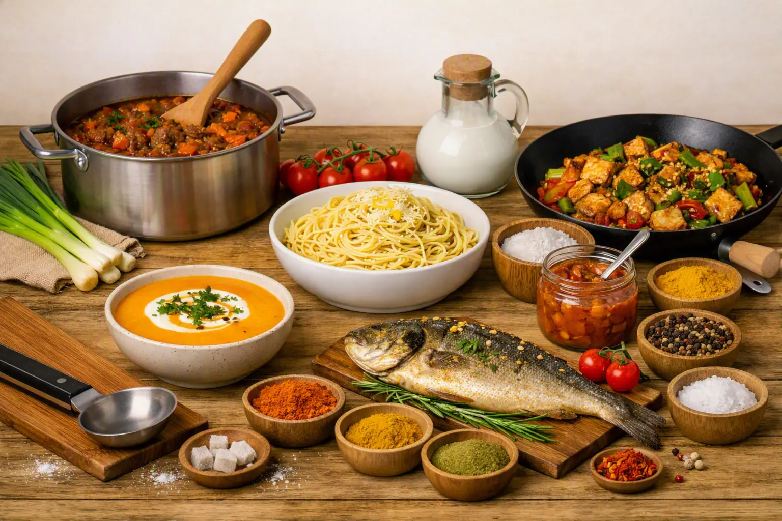 Eine Vielzahl von Gerichten wie Eintopf, Nudeln, Fisch und Pfannengerichten mit Zutaten wie Tomaten, Saucen und Gewürzen auf einem Holztisch. Ideal für Kochbegeisterte und Food-Fans.