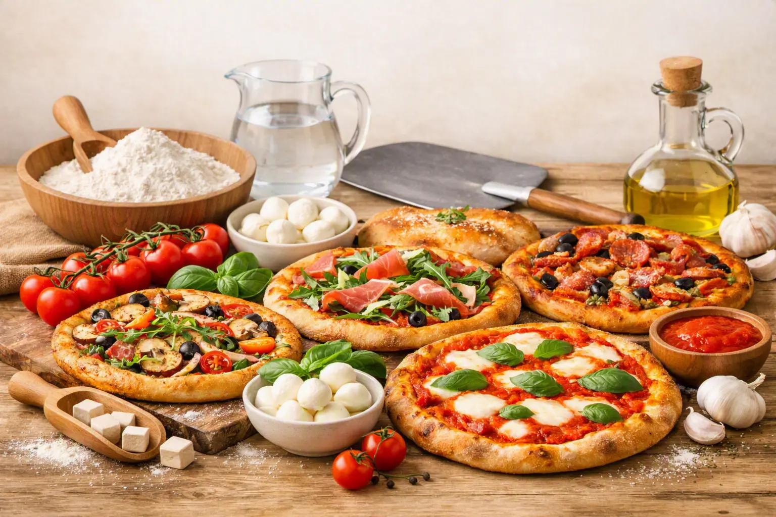 Verschiedene hausgemachte Pizzen mit Beilagen wie Tomaten, Mozzarella und Basilikum. Dargestellt sind auch Mehl, Olivenöl und Frischhaltebehälter.