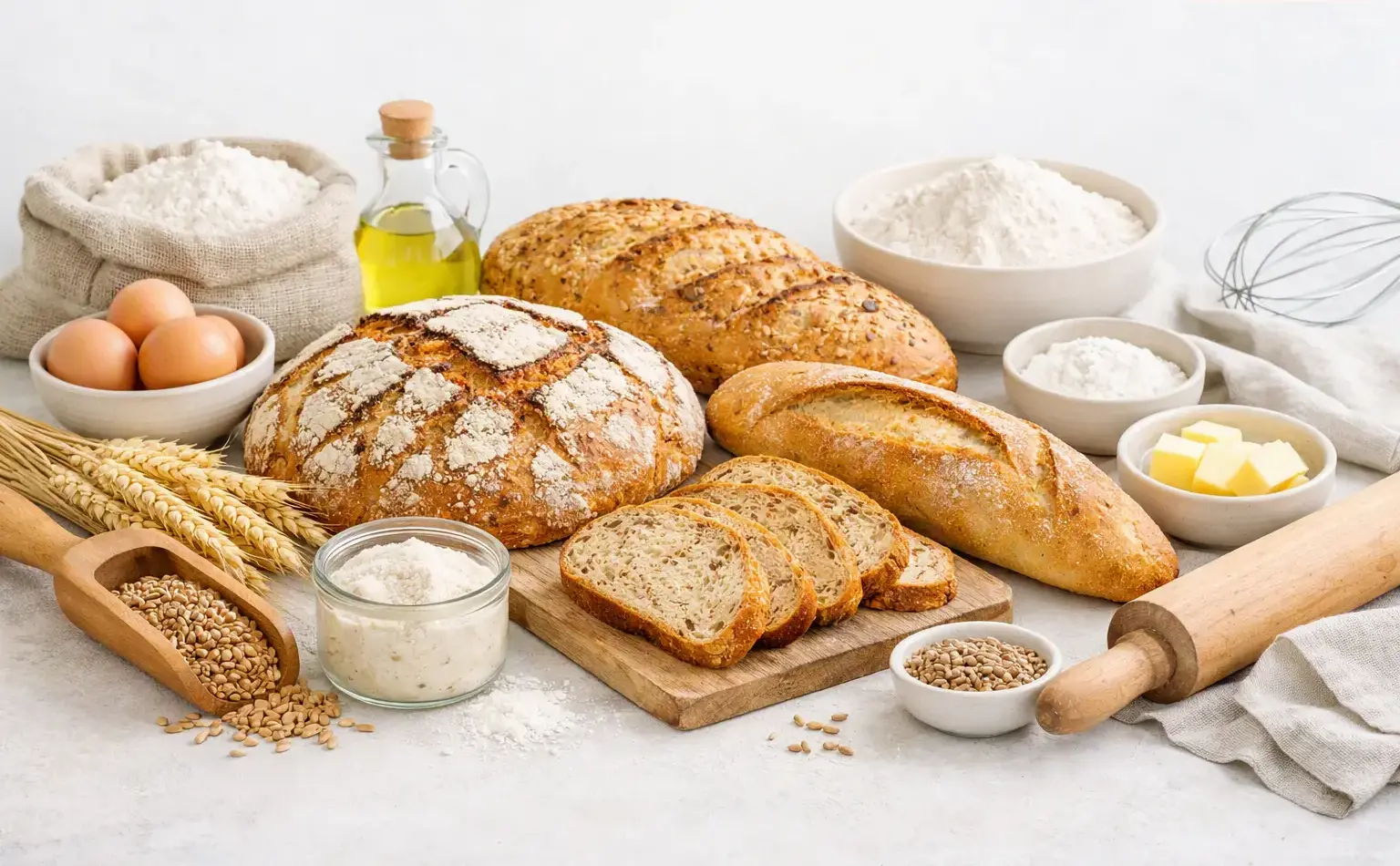 Tisch mit Sauerteigbrot, Teig, Mehl und anderen Zutaten. Ein Holzbrett zeigt das geschnittene Brot, während umliegende Gegenstände wie Leinsamen und Weizenähren den Fokus auf Backzubehör lenken.